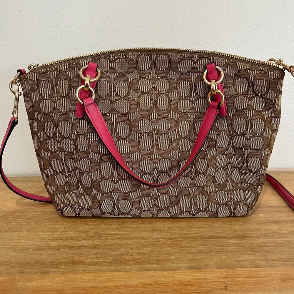 Coach Signature Logo Print Kelsey Bag Purse Canvas Brown Pink Gold Hardware - Picture 7 of 15